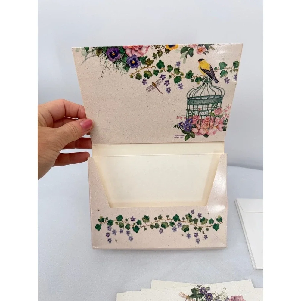 VTG Blank Note Cards Sunrise Cyndy Callog Birdcage Flowers Stationery Bird Art